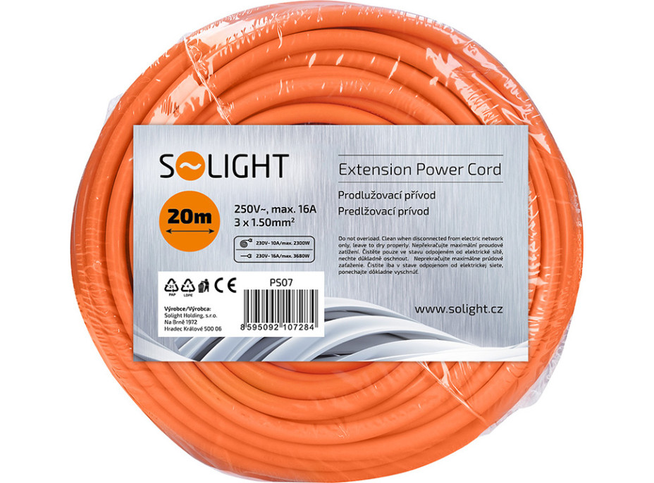 Solight predlžovací prívod - spojka, 1 zásuvka, 20m, 3 x 1,5mm2, oranžová