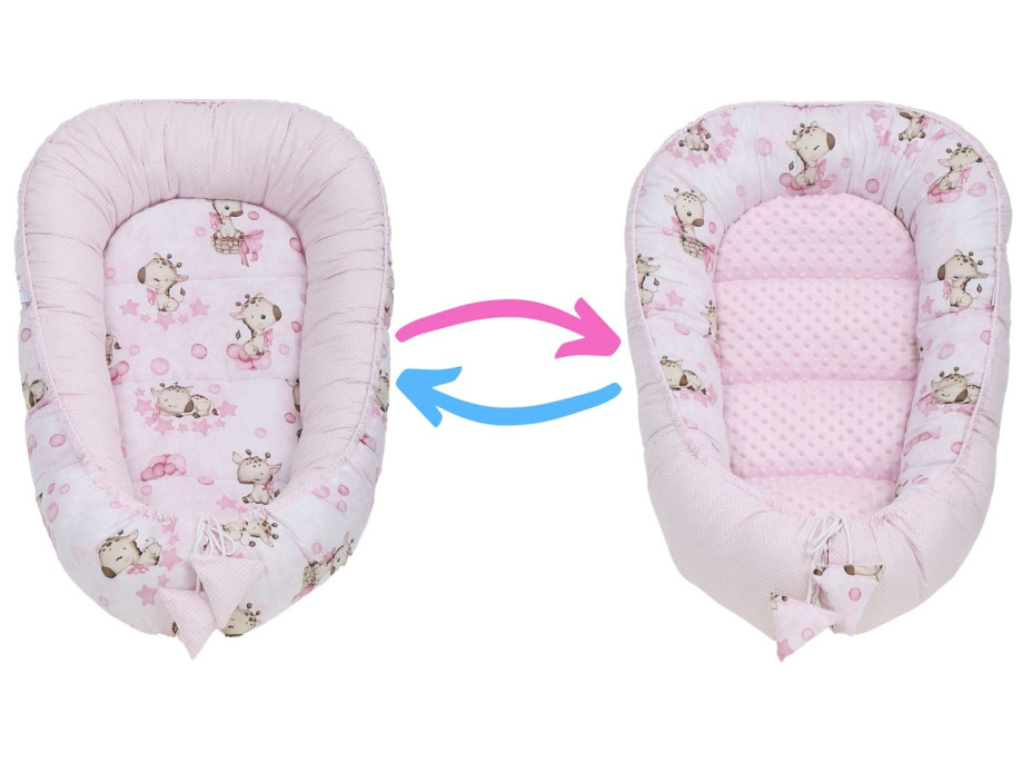 Obojstranné hniezdočko (kokon) pre bábätko - BABYMAM PREMIUM set 7v1 - Ružová žirafa so svetloružovou minkou