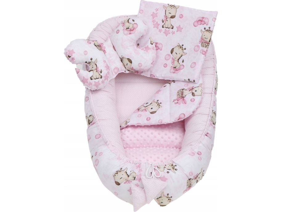 Obojstranné hniezdočko (kokon) pre bábätko - BABYMAM PREMIUM set 7v1 - Ružová žirafa so svetloružovou minkou