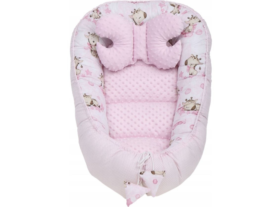 Obojstranné hniezdočko (kokon) pre bábätko - BABYMAM PREMIUM set 7v1 - Ružová žirafa so svetloružovou minkou
