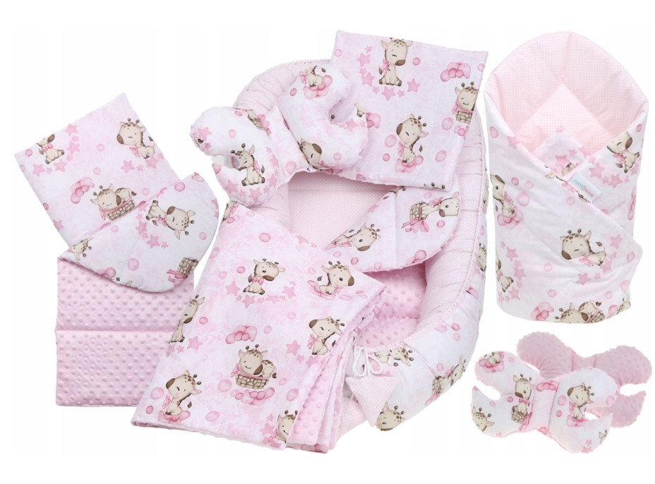 Obojstranné hniezdočko (kokon) pre bábätko - BABYMAM PREMIUM set 7v1 - Ružová žirafa so svetloružovou minkou