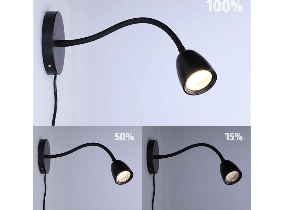 Solight LED nástenná lampička, stmievateľná, 4W, 280lm, 3000K, čierna