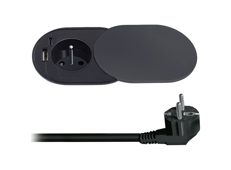 Solight 1z + USB A + C 20W PD vstavaná zásuvka s posuvným viečkom, 2m, matná čierna