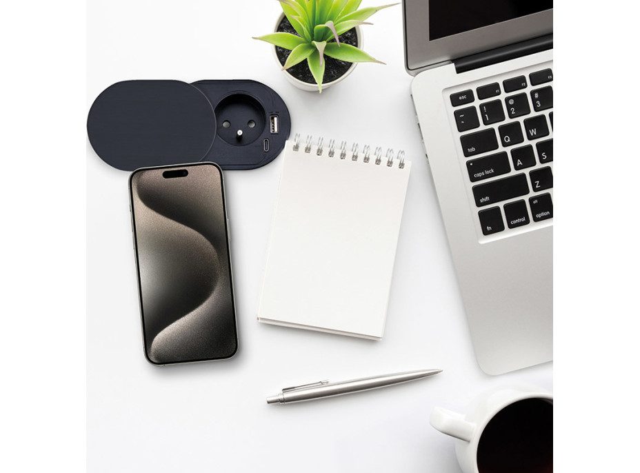 Solight 1z + USB A + C 20W PD vstavaná zásuvka s posuvným viečkom, 2m, matná čierna
