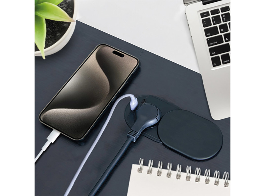 Solight 1z + USB A + C 20W PD vstavaná zásuvka s posuvným viečkom, 2m, matná čierna