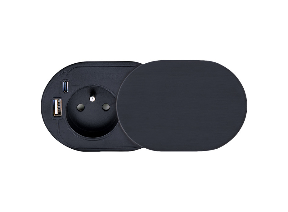 Solight 1z + USB A + C 20W PD vstavaná zásuvka s posuvným viečkom, 2m, matná čierna