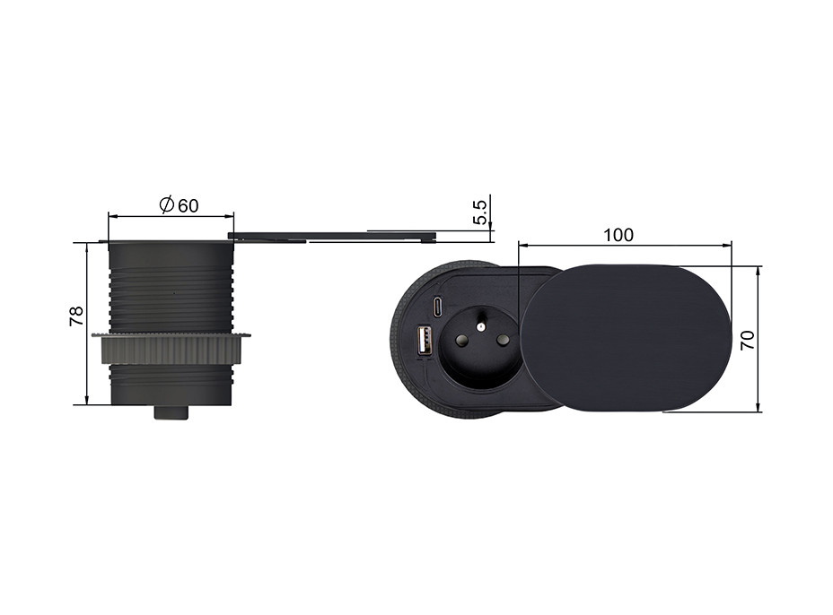 Solight 1z + USB A + C 20W PD vstavaná zásuvka s posuvným viečkom, 2m, matná čierna