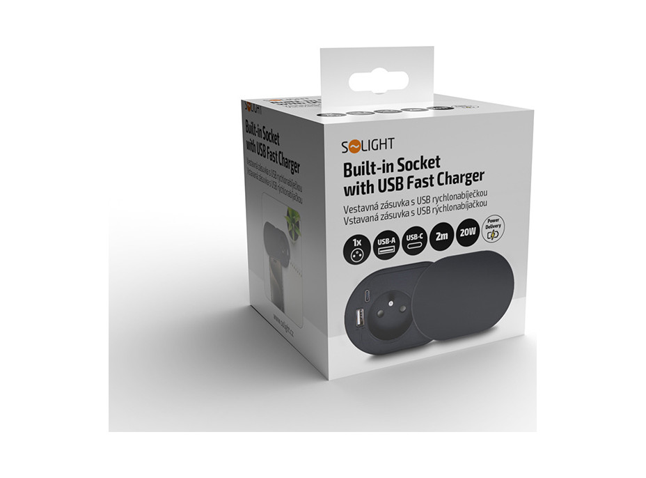 Solight 1z + USB A + C 20W PD vstavaná zásuvka s posuvným viečkom, 2m, matná čierna