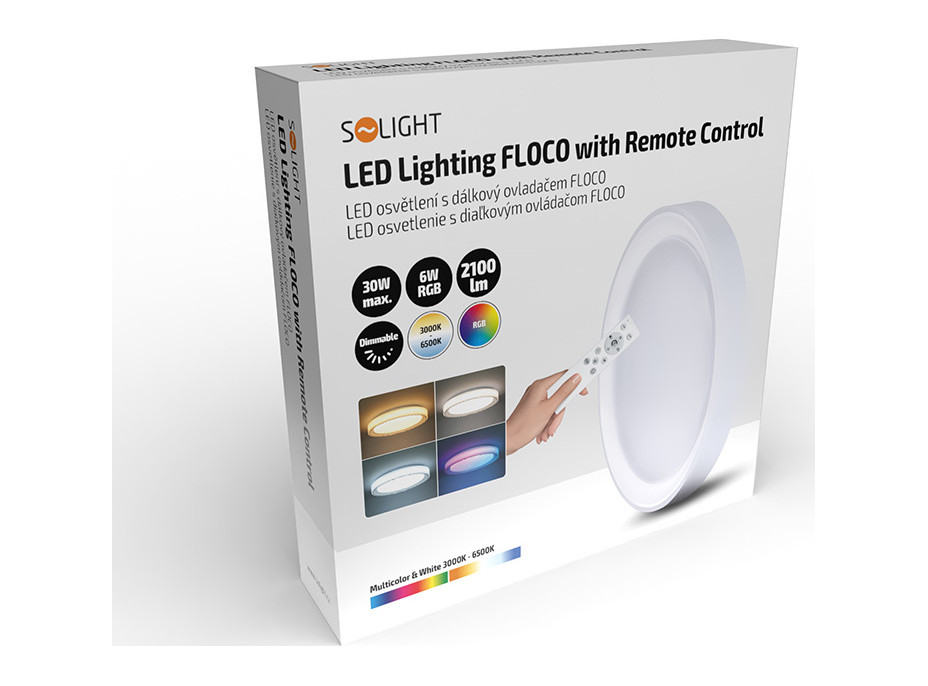 Solight LED osvetlenie s diaľkovým ovládačom Floco, 30W + 6W RGB, 2100lm, 40cm, zmena chromatickosti, stmievateľné