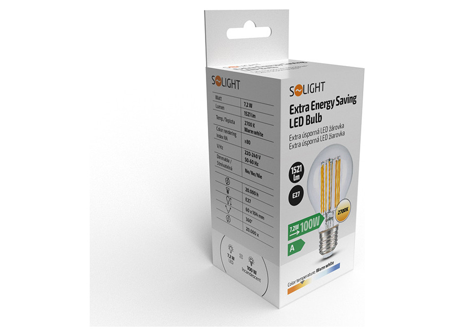 Solight extra úsporná LED žiarovka 7,2 W, 1521lm, 2700K, ekv. 100W