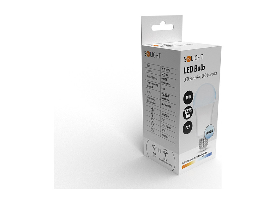 Solight LED žiarovka, klasický tvar, 15W, E27, 6000K, 220 °, 1650lm