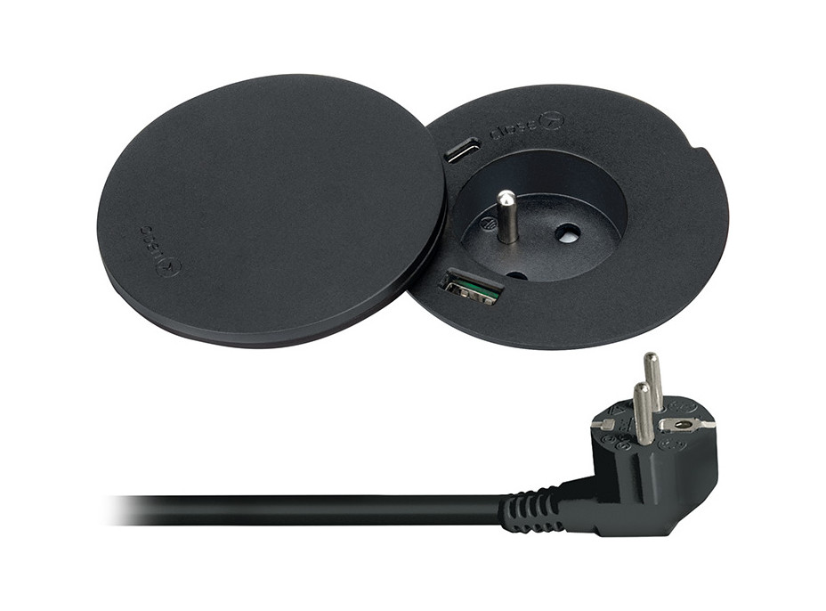 Solight vstavaná zásuvka + USB A + C + Wireless 10W, otočné viečko, kábel 2m, čierna