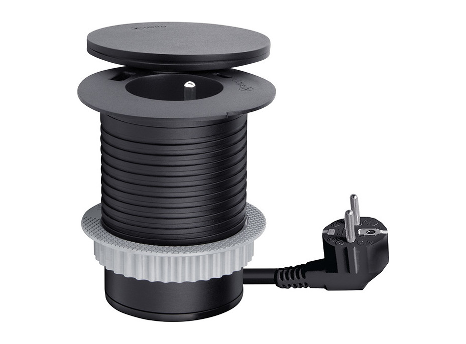 Solight vstavaná zásuvka + USB A + C + Wireless 10W, otočné viečko, kábel 2m, čierna