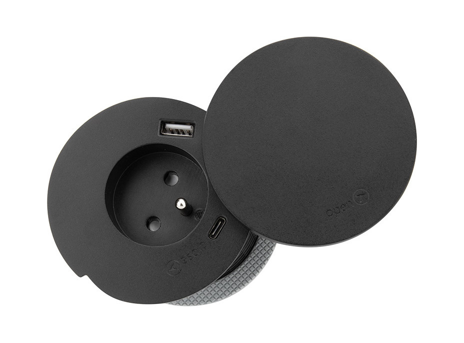 Solight vstavaná zásuvka + USB A + C + Wireless 10W, otočné viečko, kábel 2m, čierna