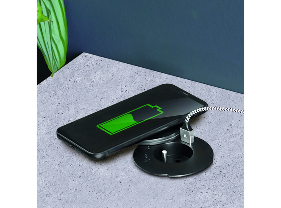 Solight vstavaná zásuvka + USB A + C + Wireless 10W, otočné viečko, kábel 2m, čierna