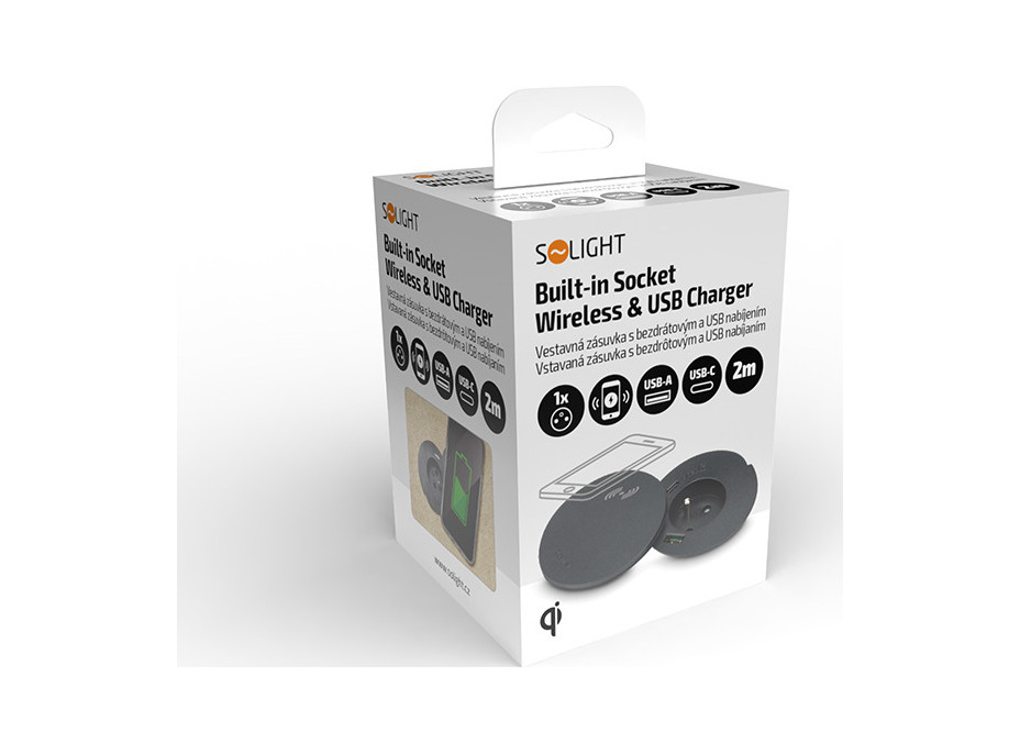 Solight vstavaná zásuvka + USB A + C + Wireless 10W, otočné viečko, kábel 2m, čierna
