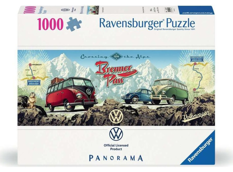 RAVENSBURGER Panoramatické puzzle Cez Alpy s VW 1000 dielikov