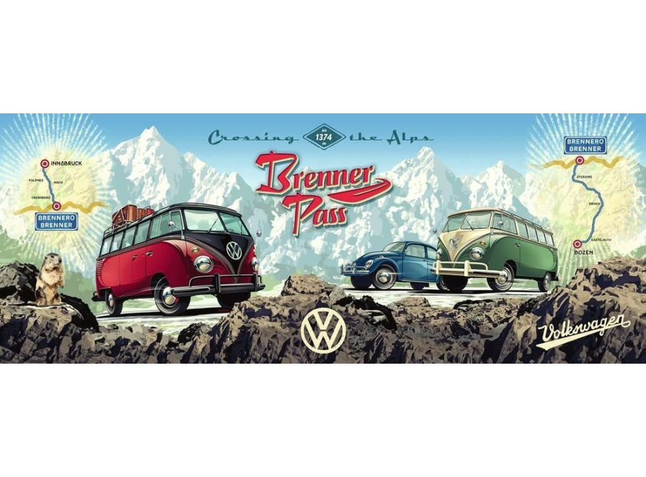 RAVENSBURGER Panoramatické puzzle Cez Alpy s VW 1000 dielikov