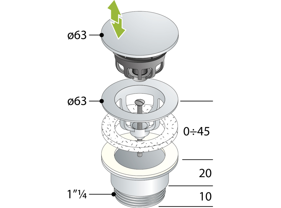 Omp Tea Umývadlová výpusť 5/4“, click-clack, veľká zátka, 10-45mm, biela mat 7532.310.5XD