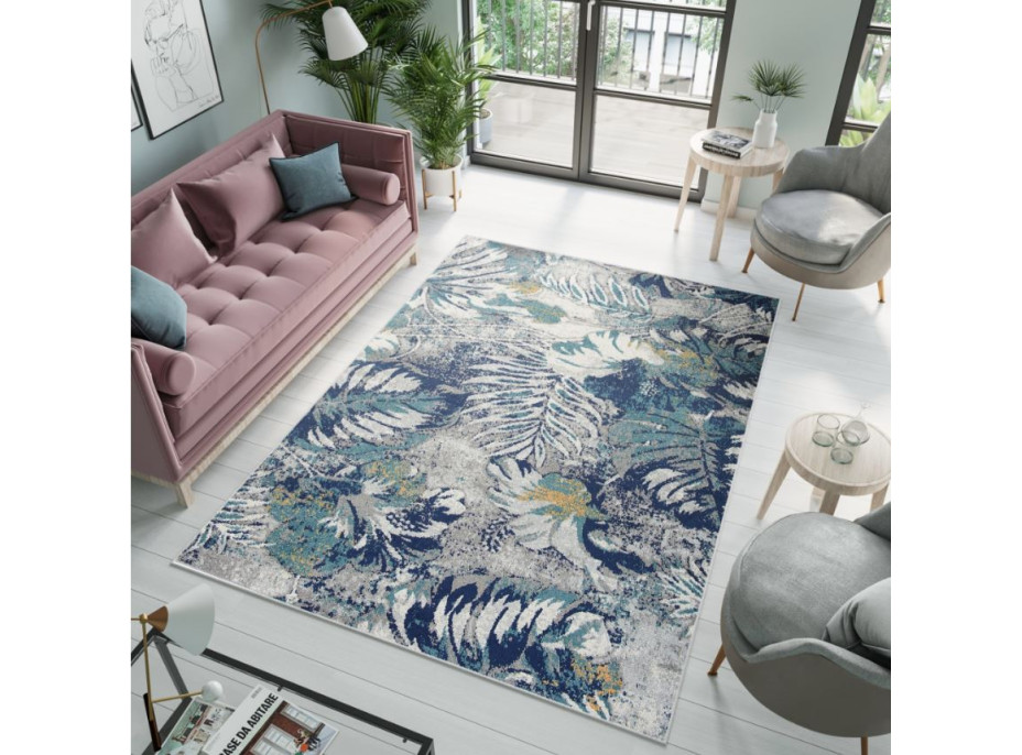 Moderné kusový koberec DENVER Tropical - sivý / modrý