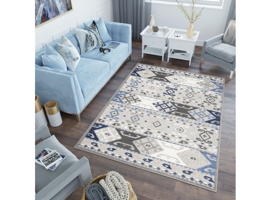 Kusový koberec AVENTURA Folk - modrý/šedý