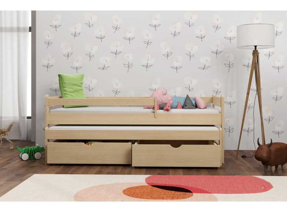 Detská posteľ z masívu borovice ALEX s prístelkou a šuplíkmi - 200x80 cm - PRÍRODNÁ BOROVICA