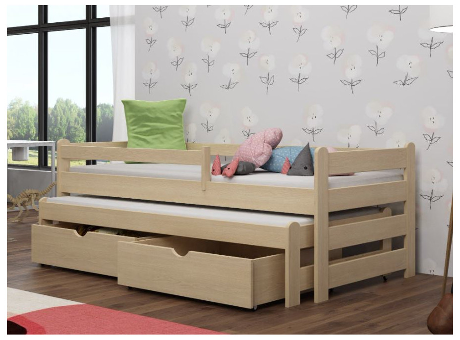 Detská posteľ z masívu borovice ALEX s prístelkou a šuplíkmi - 200x80 cm - PRÍRODNÁ BOROVICA