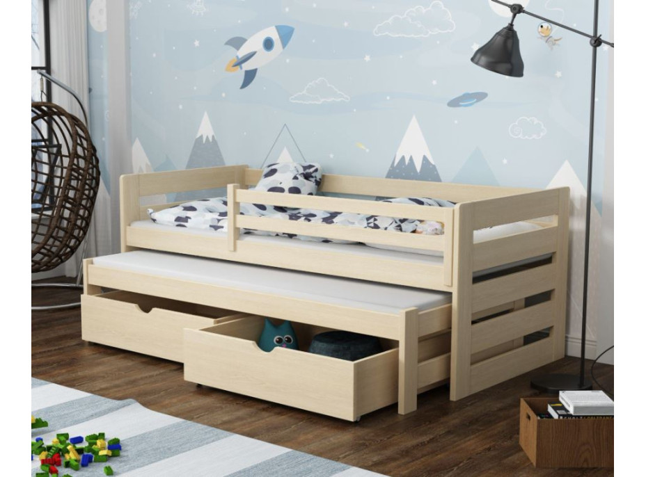 Detská posteľ z masívu borovice JOLANA s prístelkou a šuplíky - 180x80 cm - PRÍRODNÁ BOROVICA