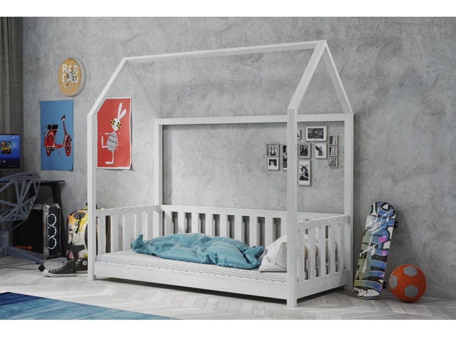 Detská domčeková Montessori posteľ z masívu borovice PAVEL - 180x80 cm - BIELA