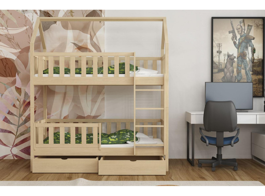 Detská poschodová domčeková posteľ z masívu borovice AURÉLIE so šuplíkmi - 180x80 cm - PRÍRODNÁ BOROVICA