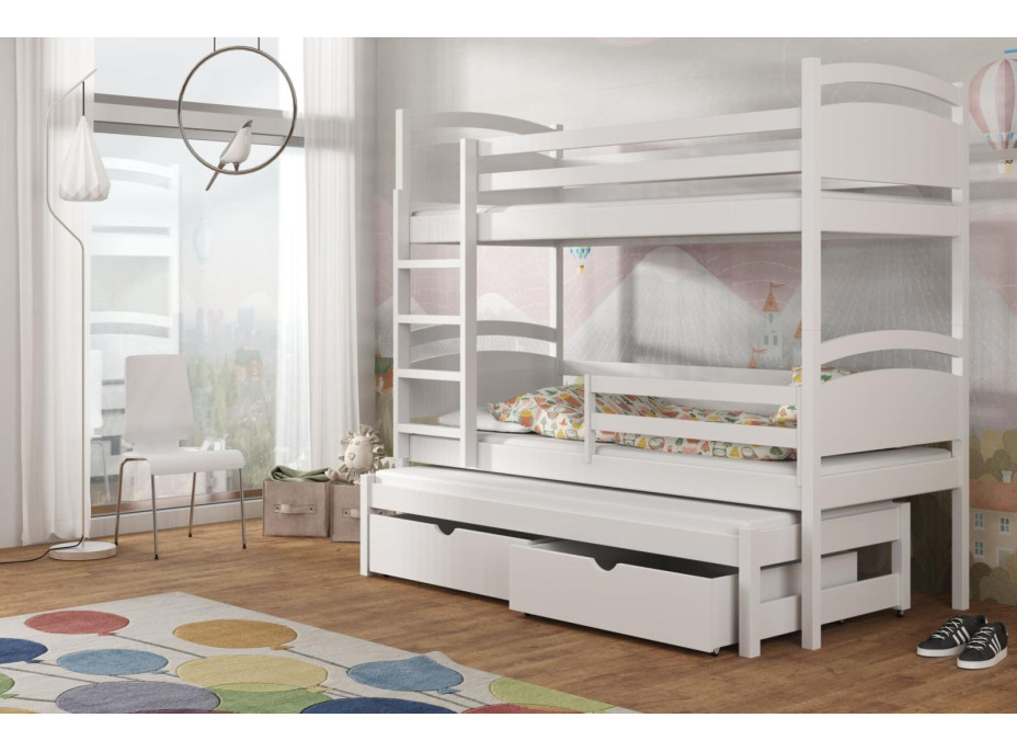 Detská poschodová posteľ z masívu borovice OLÍVIE s prístelkou a šuplíkmi - 180x80 cm - BIELA