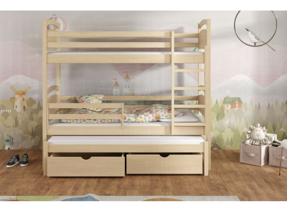 Detská poschodová posteľ z masívu borovice OLÍVIE s prístelkou a šuplíkmi - 180x80 cm - PRÍRODNÁ BOROVICA
