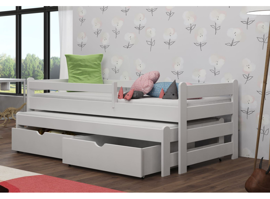 Detská posteľ z masívu borovice ALEX s prístelkou a šuplíky - 180x80 cm - BIELA