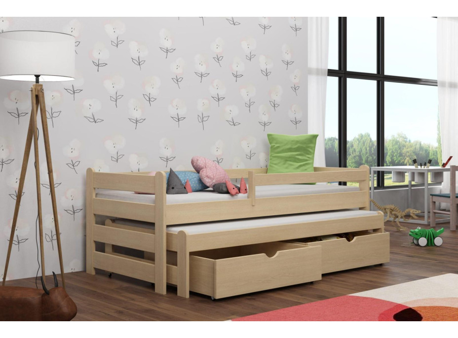 Detská posteľ z masívu borovice ALEX s prístelkou a šuplíkmi - 180x80 cm - PRÍRODNÁ BOROVICA