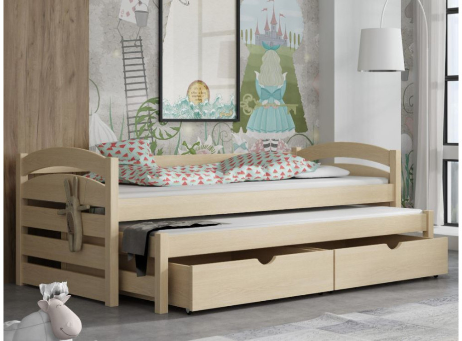 Detská posteľ z masívu borovice MONI s prístelkou a šuplíkmi - 180x80 cm - PRÍRODNÁ BOROVICA
