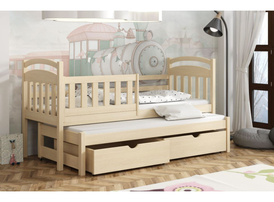 Detská posteľ z masívu borovice KAŠPAR s prístelkou a šuplíkmi - 180x80 cm - PRÍRODNÁ BOROVICA