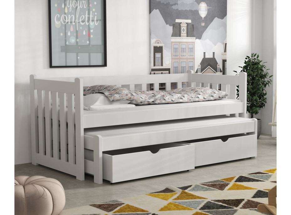 Detská posteľ z masívu borovice KRYŠPÍN s prístelkou a šuplíky - 180x80 cm - BIELA