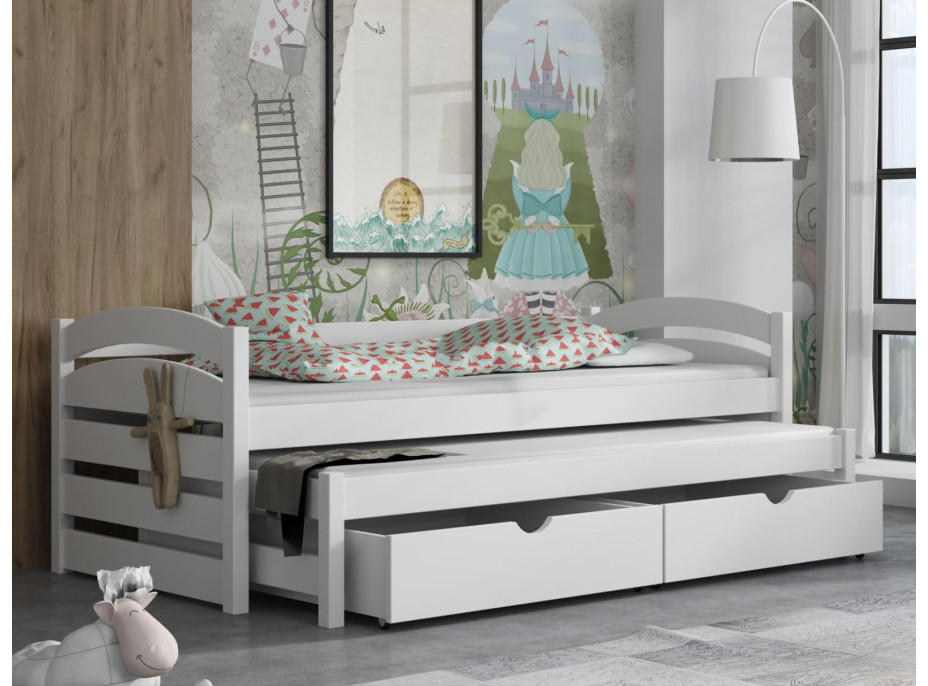 Detská posteľ z masívu borovice MONI s prístelkou a šuplíky - 180x80 cm - BIELA