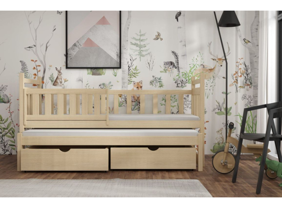 Detská posteľ z masívu borovice PROKOP s prístelkou a šuplíkmi - 180x80 cm - PRÍRODNÁ BOROVICA