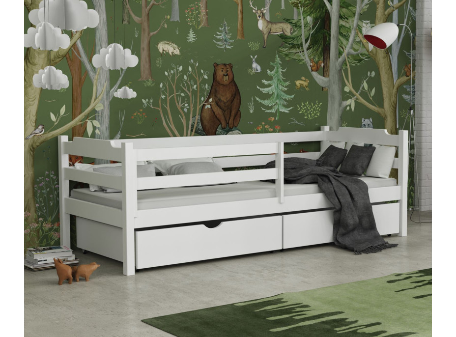 Detská posteľ z masívu borovice MIKULÁŠ so šuplíkmi - 180x80 cm - BIELA