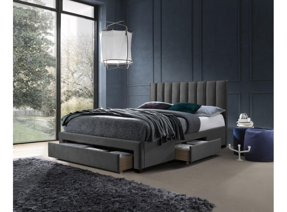 Posteľ z masívu GORDON 200x140 cm so šuplíkmi - velvet čalúnená - popolavá šedá