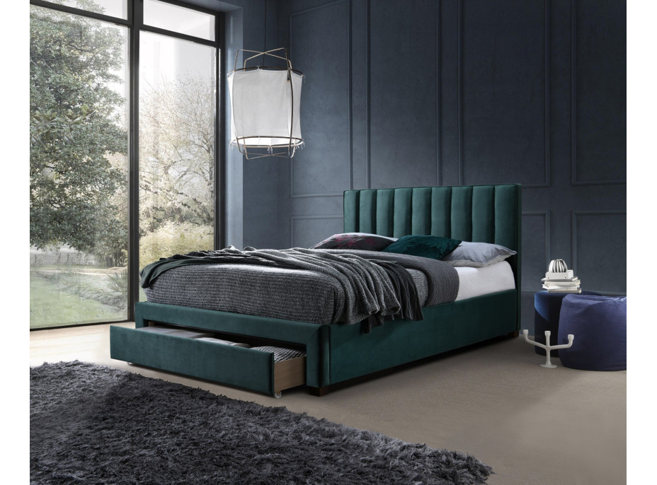 Posteľ z masívu GORDON 200x140 cm so šuplíkmi - velvet čalúnená - tmavo zelená