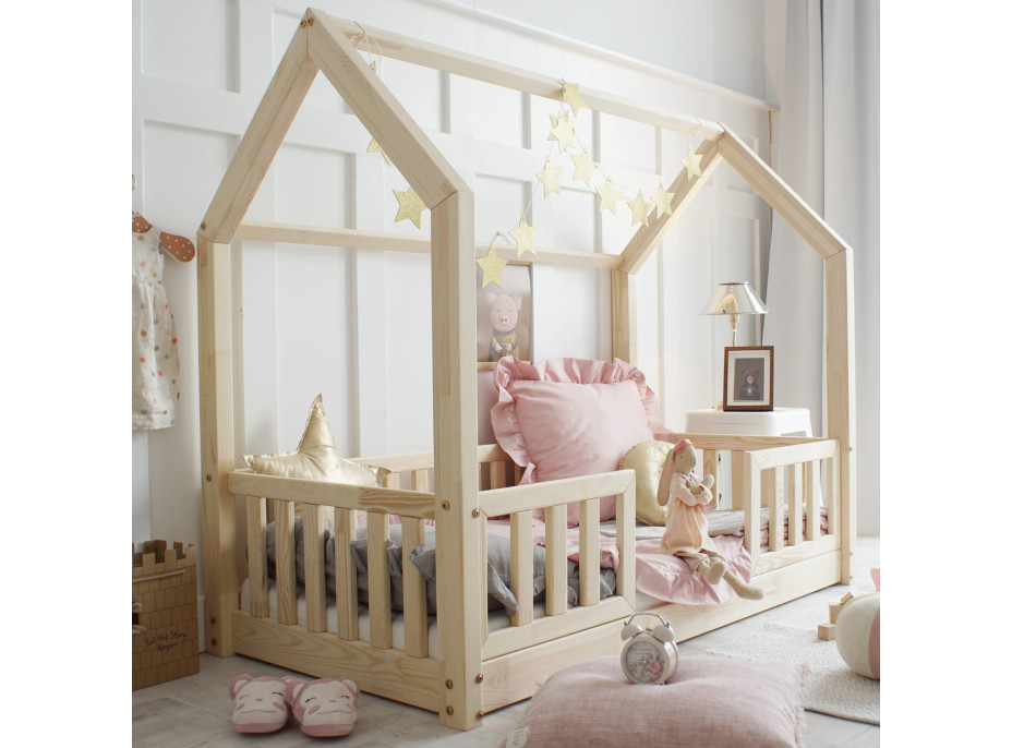 Detská domčeková Montessori posteľ z masívu borovice BIANCO DUO - 200x90 cm
