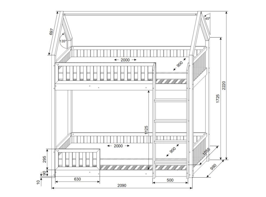 Detská poschodová domčeková posteľ z masívu borovice BIANCO s Montessori lôžkom - 200x90 cm - bez povrchových úprav