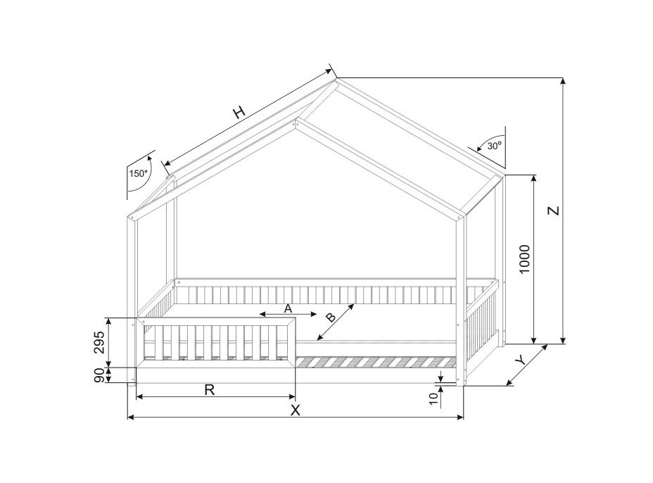 Detská domčeková Montessori posteľ z masívu borovice Bedhouse FENCE - 200x90 cm