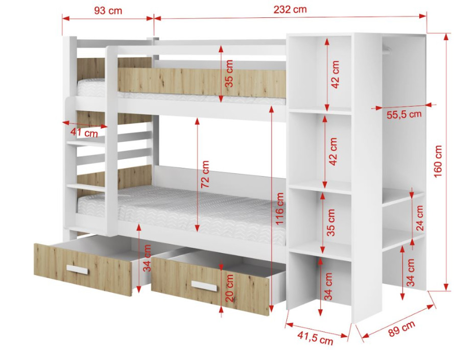 Detská poschodová posteľ z masívu borovice GASPAR so šuplíkmi a regálom - 200x90 cm - biela [CLONE]