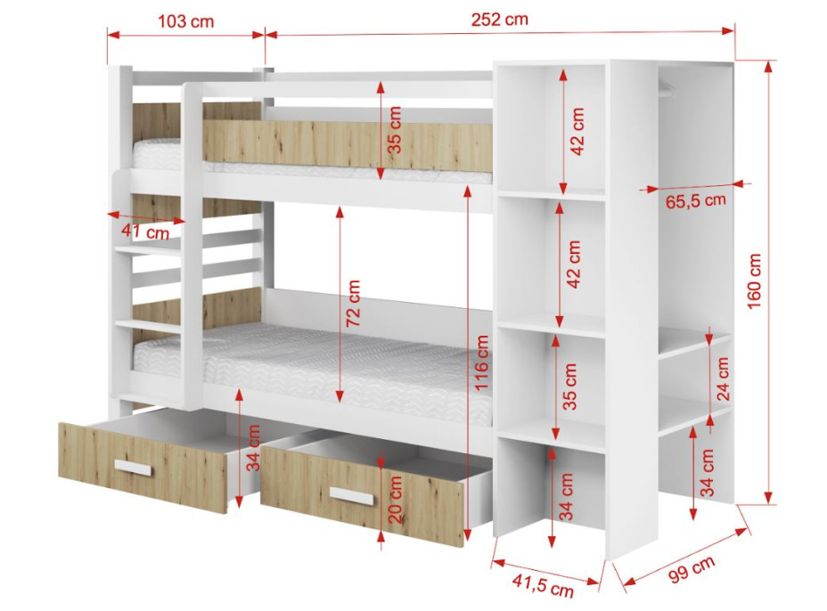 Detská poschodová posteľ z masívu borovice APOLLO so šuplíkmi a regálom - 200x90 cm - biela/antracit