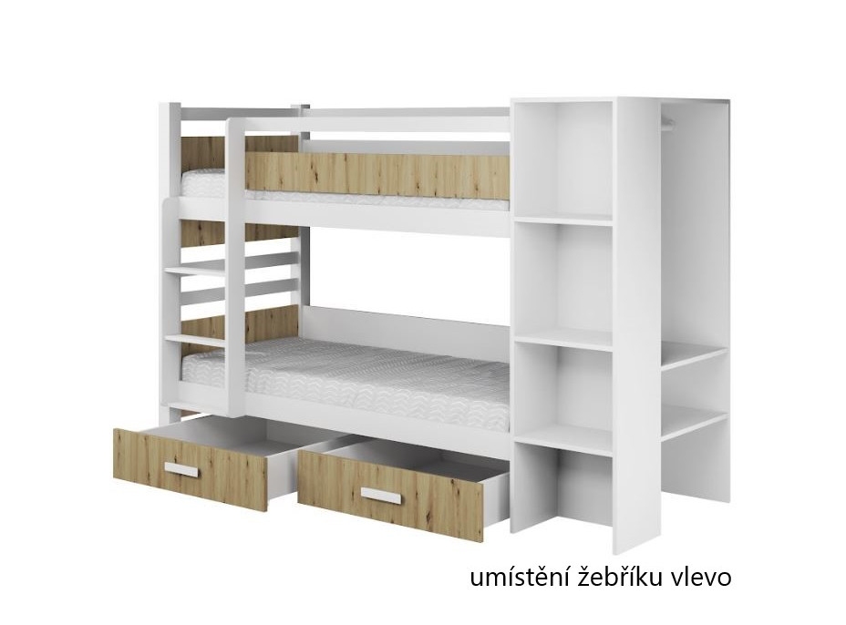 Detská poschodová posteľ z masívu borovice APOLLO so šuplíkmi a regálom - 200x90 cm - biela/dub artisan
