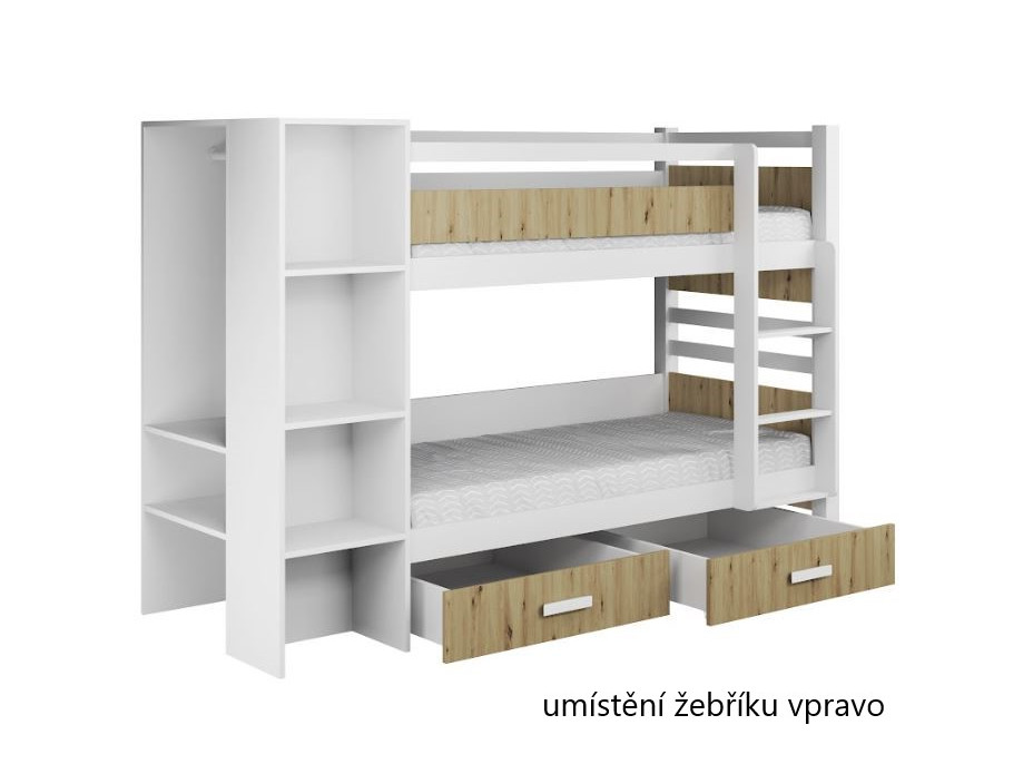 Detská poschodová posteľ z masívu borovice APOLLO so šuplíkmi a regálom - 200x90 cm - biela/dub artisan
