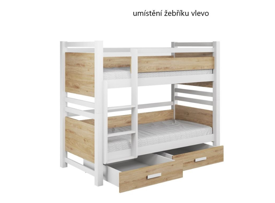 Detská poschodová posteľ z masívu borovice JANIS so šuplíkmi - 200x90 cm - biela/dub artisan